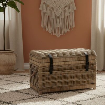 Rieten opbergmand met bolle deksel kopen