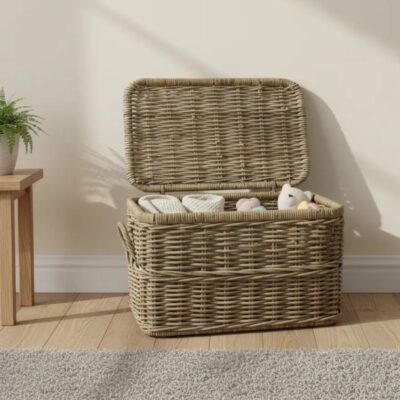 Rotan opbergmand met deksel en hengsels