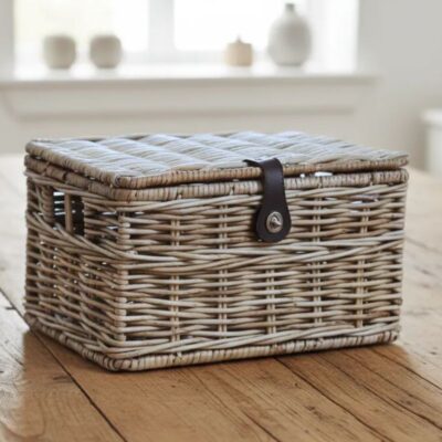 Rieten mand met deksel en lederen riempje