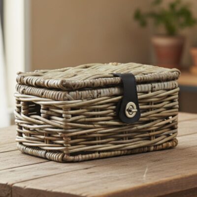 Klein rieten mandje met deksel en riempje