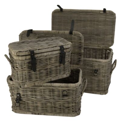 Rotan opbergmand met deksel en lederen riempjes
