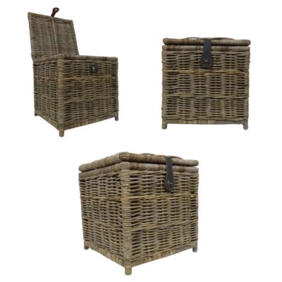 Vierkante rieten mand met deksel en lederen riempje