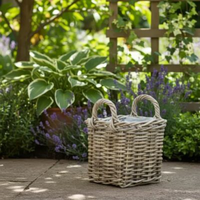 Rieten plantenmand in tuin