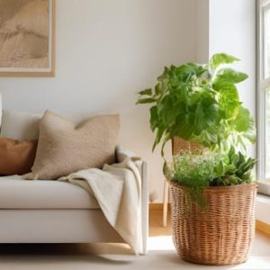 Rotan plantenmand naast bank