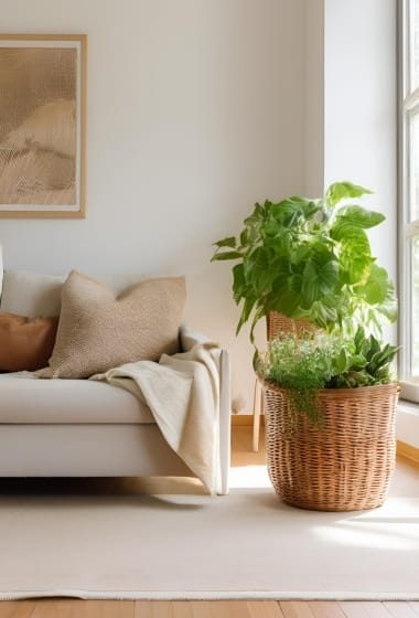 Rotan plantenmand naast bank