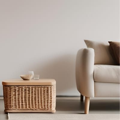 Rotan mand naast bank